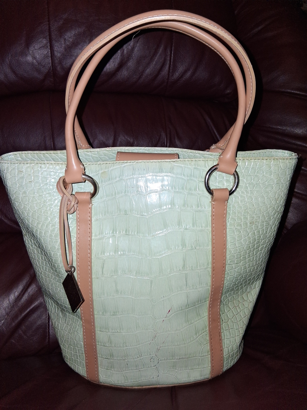 BCBGirls Mint Green Croc-Embossed Tote with Tan Handles
